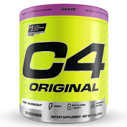 C4 Original pre-workout supplement container with grape flavor on a white background