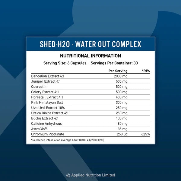 APPLIED NUTRITION SHRED H2O WATER OUT COMPLEX 180 CAPSULES - DATED 11/25