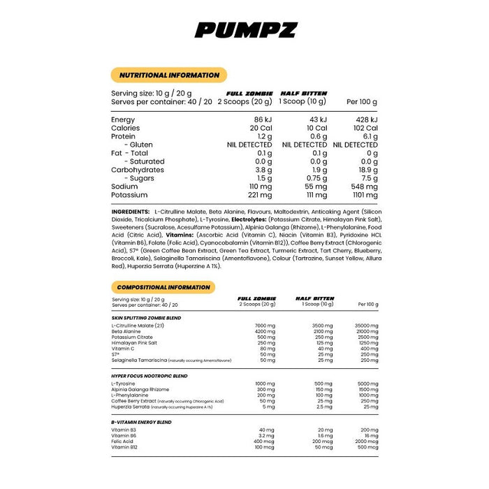 ZOMBIE LABS PUMPZ NON STIM PRE-WORKOUT 40 SERVES