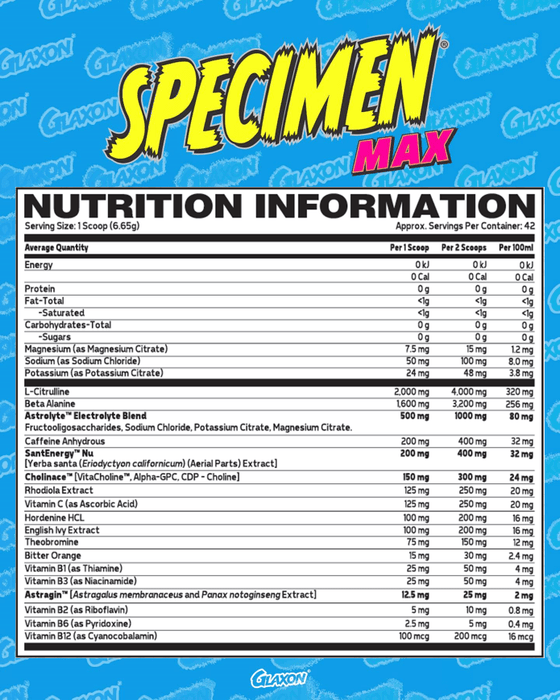 GLAXON SPECIMEN MAX - HIGH STIM PRE-WORKOUT - Bay Supplements