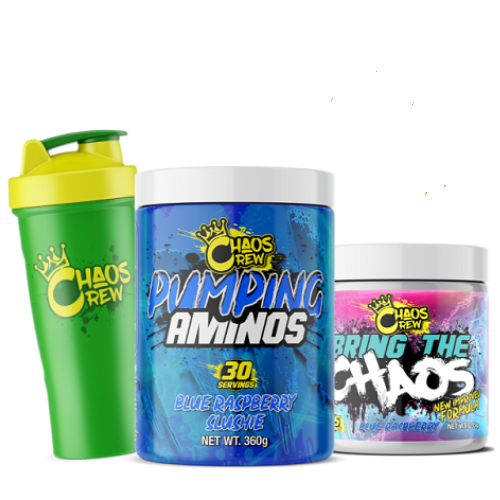 CHAOS CREW BRING THE CHAOS PRE-WORKOUT + CHAOS CREW PUMPING AMINOS + CHAOS CREW PINK/GREEN SHAKER 600ML- DATED 9/24