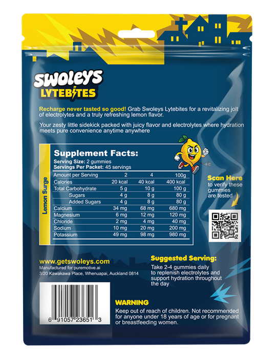 SWOLEYS LYTEBITES ELECTROLYTE GUMMIES - 45 SERVES - LEMON SURGE