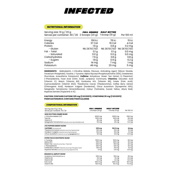 ZOMBIE LABS INFECTED PRE-WORKOUT 40 SERVES - DATED 1/26