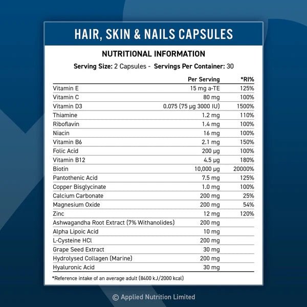 APPLIED NUTRITION HAIR SKIN AND NAILS 60 CAPSULES - DATED 11/25 - Bay Supplements