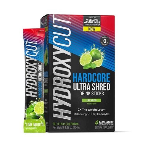 HYDROXYCUT HARDCORE ULTRA SHRED DRINK STICKS 20 SERVES - Bay Supplements - Fat Burners - Lime Mojito - Fat Burner
