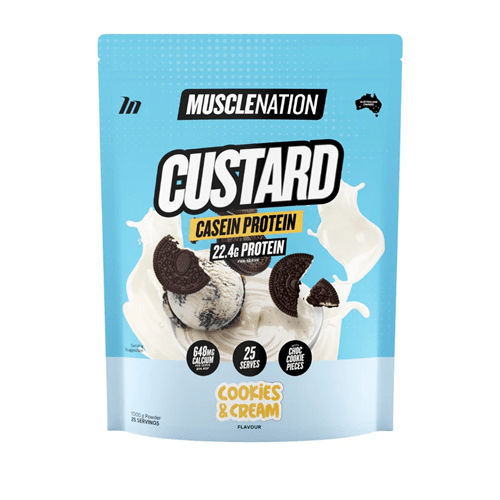 MUSCLE NATION CUSTARD CASEIN PROTEIN - 1KG - Bay Supplements - Protein Powder - Cookies & Cream - Casein Protein - Extended Release Protein