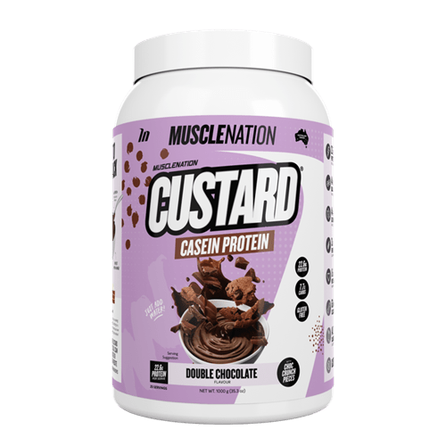 MUSCLE NATION CUSTARD CASEIN PROTEIN - 1KG - Bay Supplements - Protein Powder - Double Chocolate - Casein Protein - Extended Release Protein