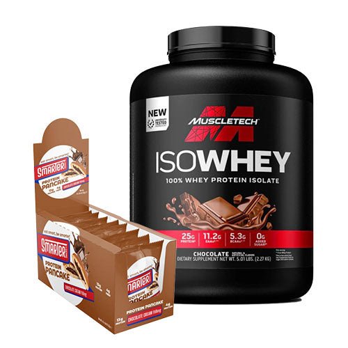 MUSCLETECH ISOWHEY 5LB + SMARTER SNACKS PROTEIN PANCAKES - 12 PACK - Bay Supplements