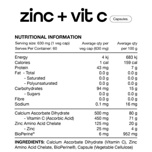 SWITCH NUTRITION ZINC + VIT C - 60 VEG CAPS - Bay Supplements - General Health - Mens Health - Skin & Hair Support
