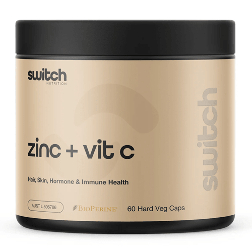 SWITCH NUTRITION ZINC + VIT C - 60 VEG CAPS - Bay Supplements - General Health - Mens Health - Skin & Hair Support