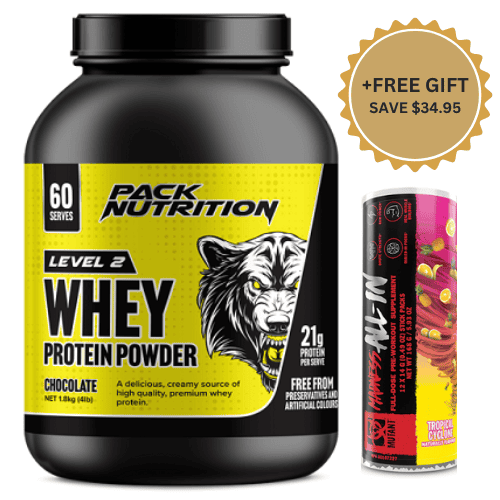 PACK NUTRITION LEVEL 2 WHEY PROTEIN POWDER 4LB + FREE MUTANT MADNESS ALL IN 12x14G STICK PACK TUBE - TROPICAL CYCLONE - Bay Supplements