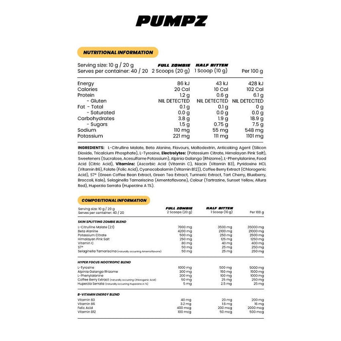 ZOMBIE LABS PUMPZ NON STIM PRE-WORKOUT 40 SERVES - Bay Supplements - Pre-workout - Non Stim - Pump